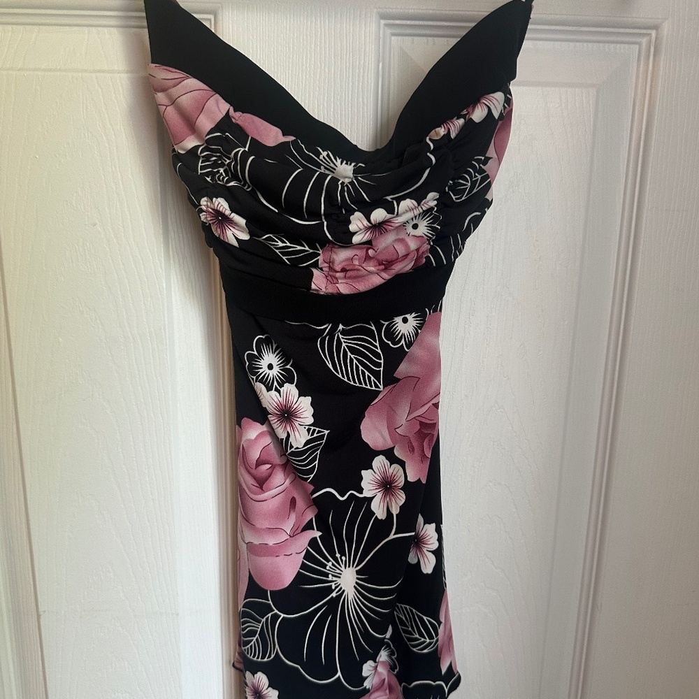 Digit@l Clothing,  black floral strapless drapey shirt